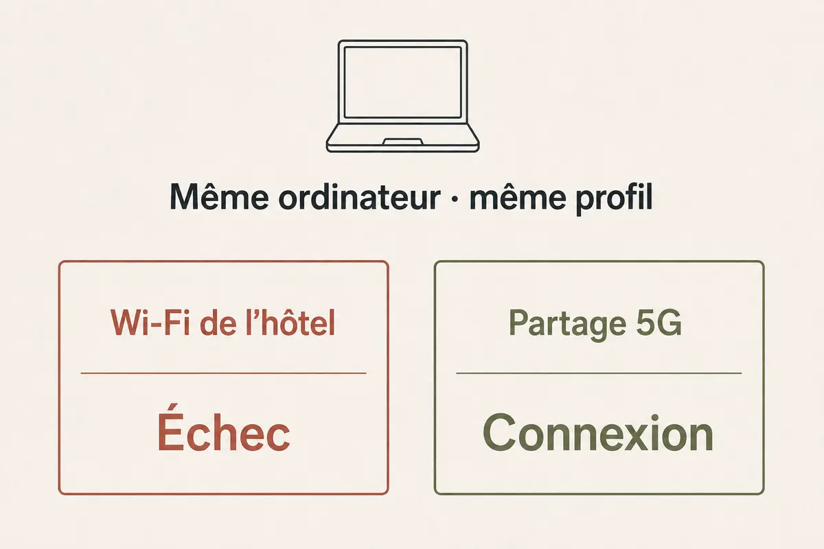 Comparaison du même ordinateur et du même profil sur le Wi-Fi de l’hôtel puis sur un partage 5G