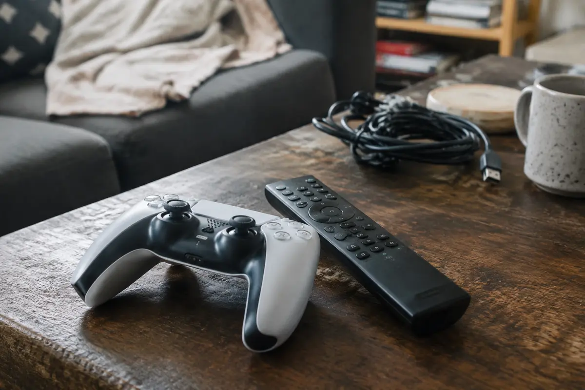 Une manette de jeu et une télécommande posées sur une table de salon