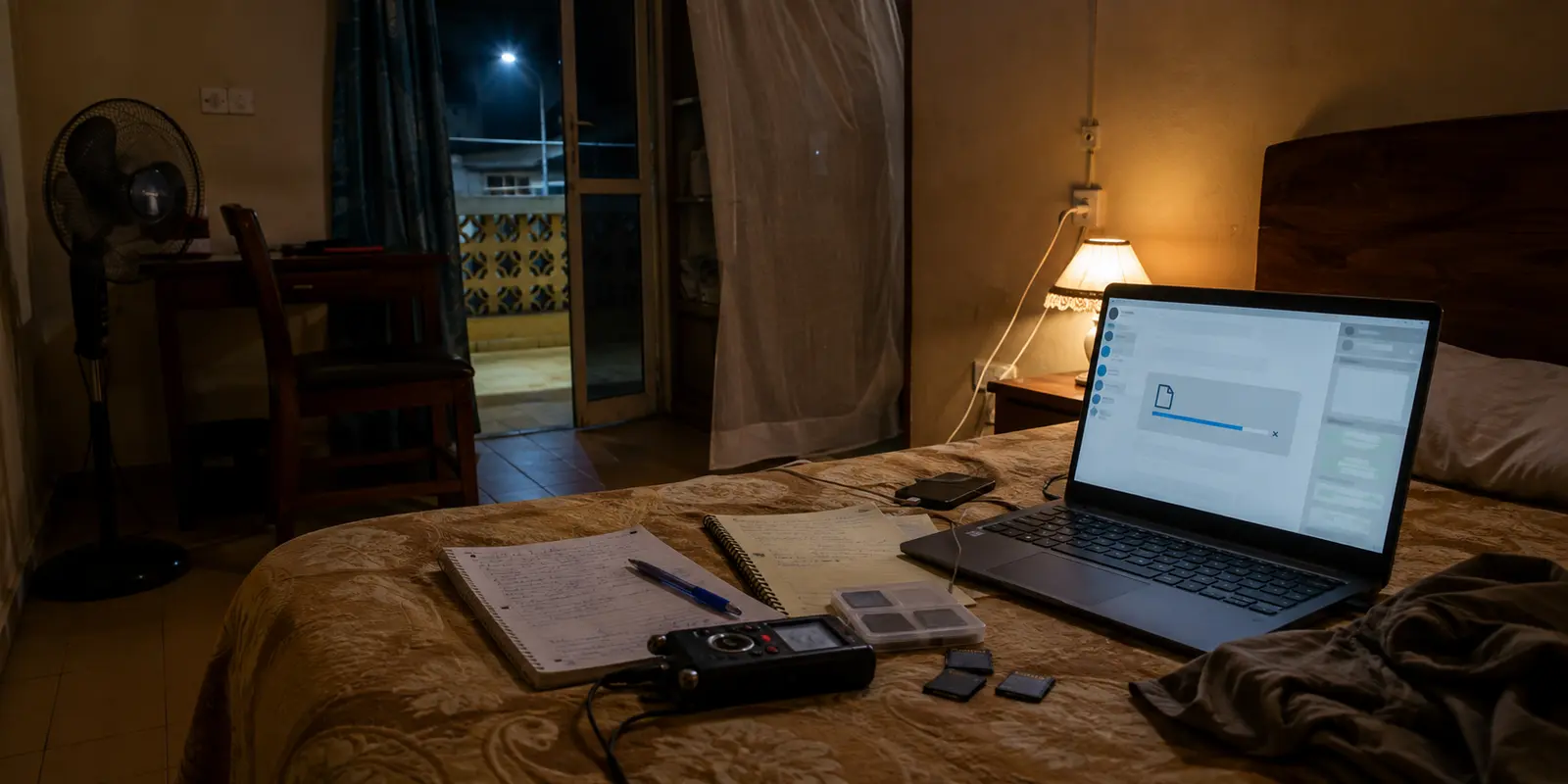 Un enregistrement de reportage bloqué pendant son envoi depuis une chambre d’hôtel