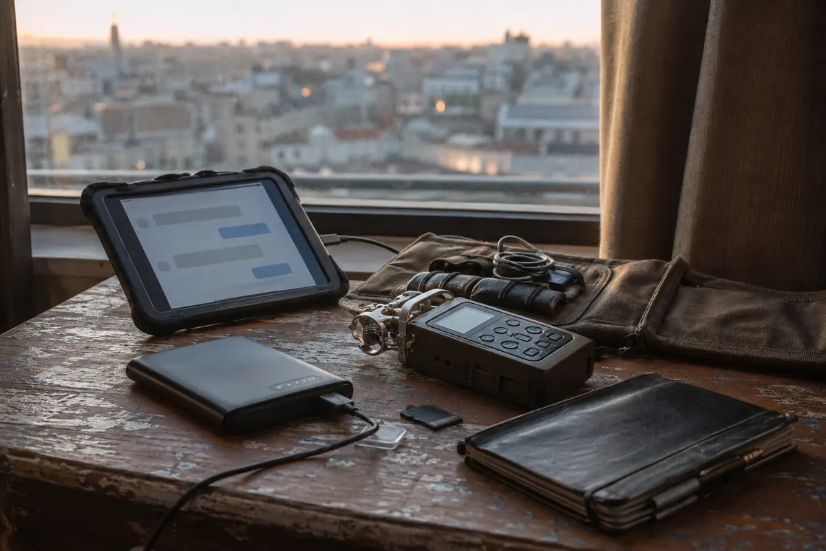 Un équipement de reportage après l’envoi réussi d’un fichier audio