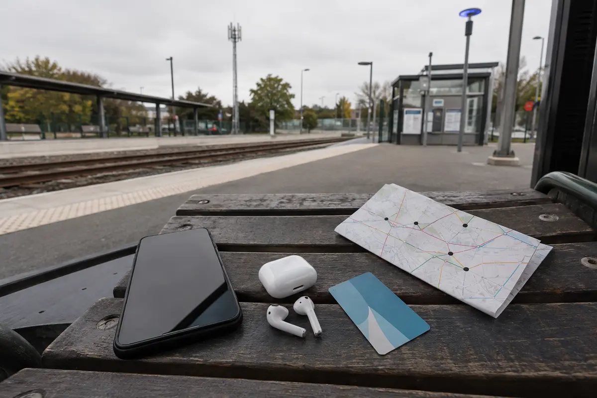 Téléphone et objets de trajet sur un banc de gare entre plusieurs types de réseau