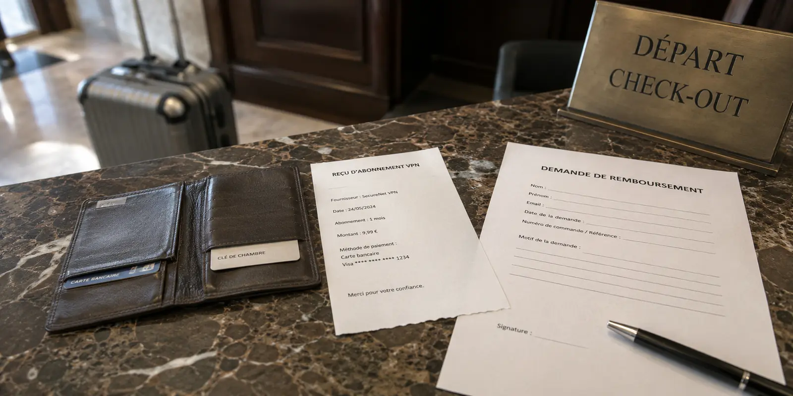 Une demande de remboursement de VPN prête à être remplie au comptoir de départ d’un hôtel