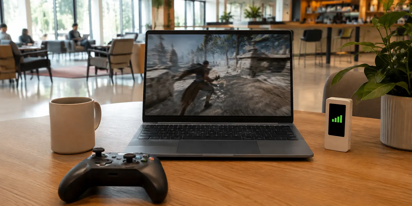 Une session de cloud gaming hésite brièvement malgré un signal Wi-Fi puissant dans un espace de travail