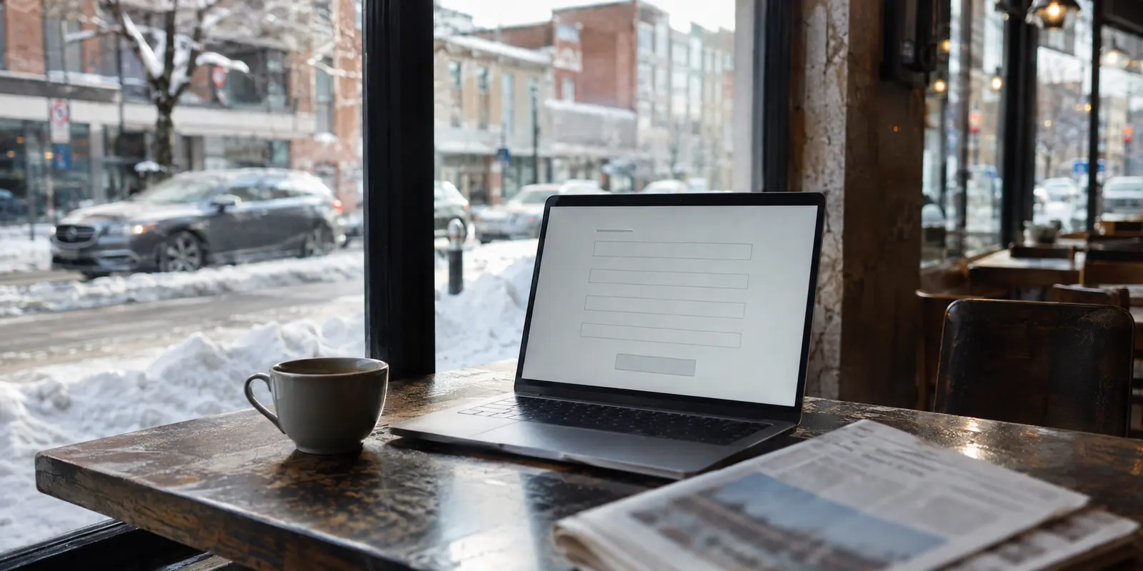 Un formulaire de création de compte VPN attend sur un ordinateur dans un café enneigé de Montréal