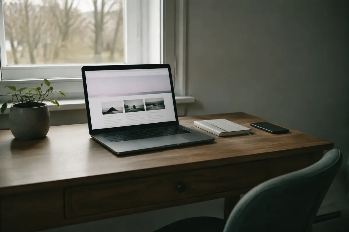 Page web chargée sur un ordinateur posé sur un bureau calme
