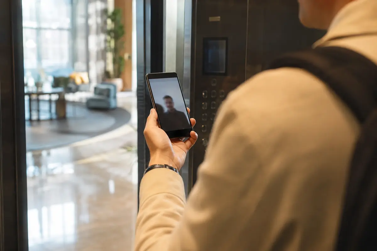 Conversation vidéo poursuivie en quittant un ascenseur d’hôtel