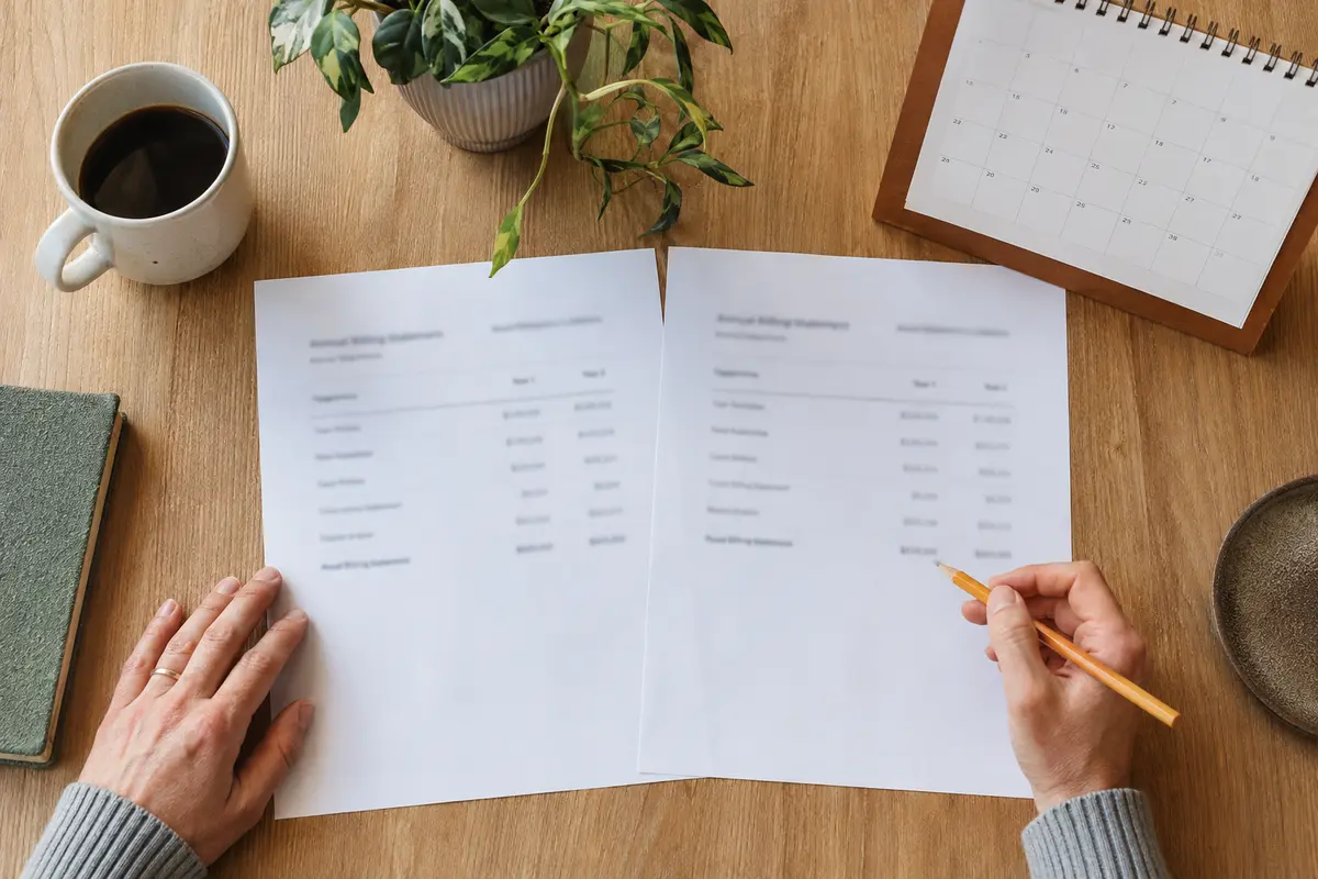 Deux relevés annuels comparés côte à côte sur une table