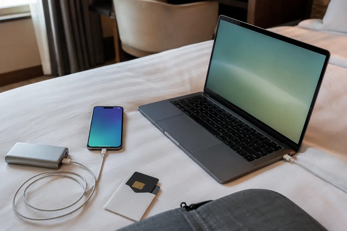 Un iPhone et un ordinateur portable préparés ensemble dans une chambre d’hôtel