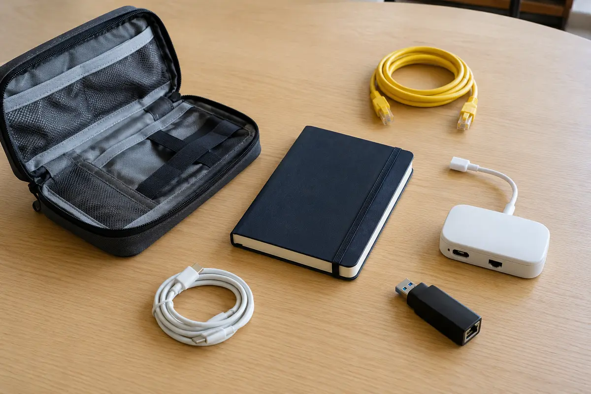 Plusieurs moyens de connexion sont disposés autour d’un carnet de voyage