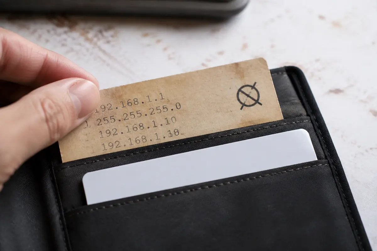 Une ancienne fiche d’adresses réseau est retirée d’un portefeuille de voyage