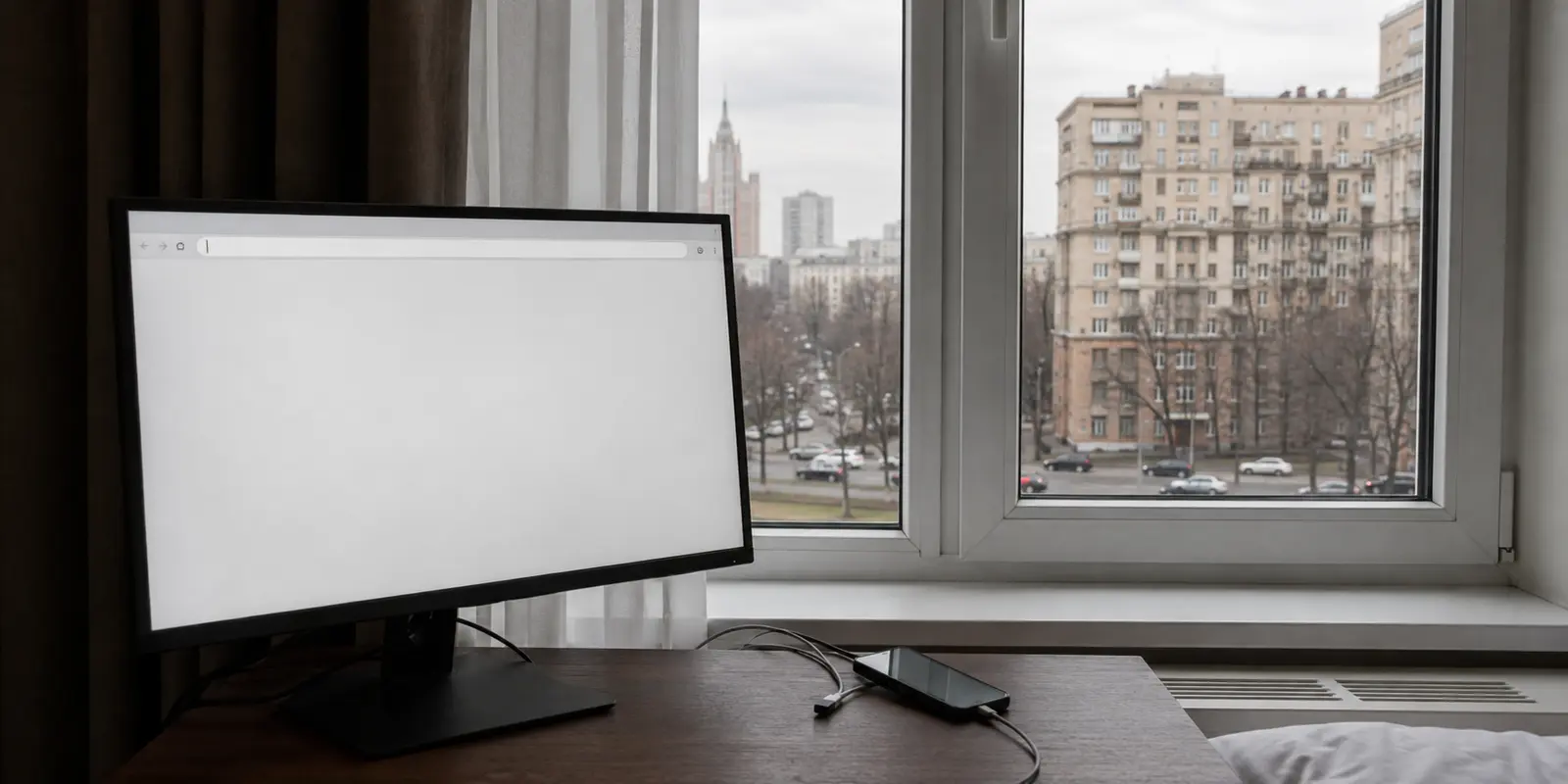 Une page blanche sur un ordinateur dans une chambre d’hôtel à Moscou