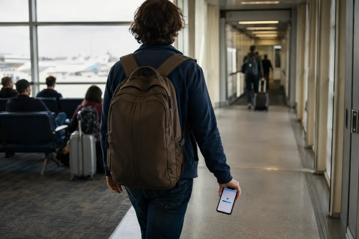 Un voyageur avançant vers l’avion pendant que son transfert continue sur le téléphone