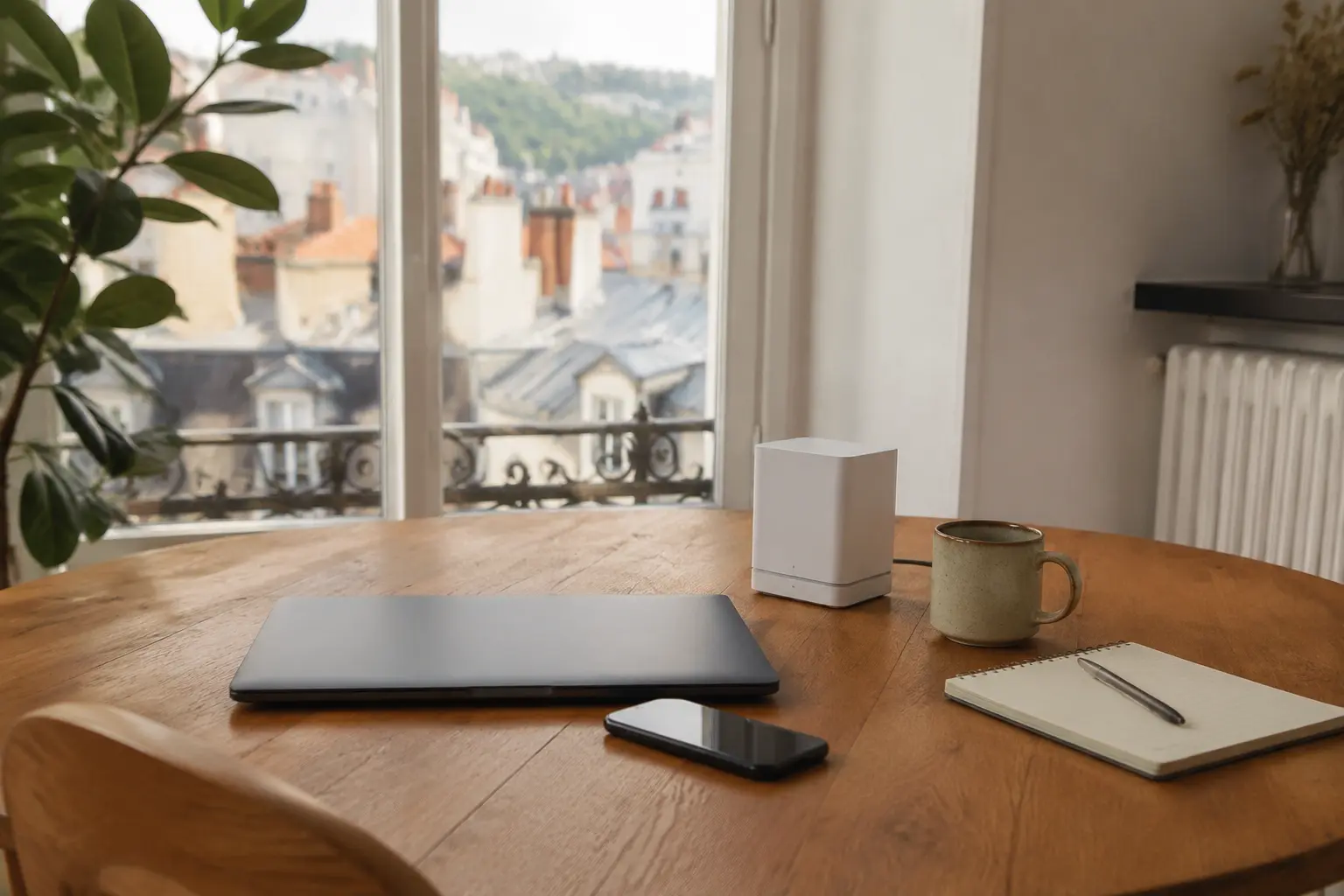 Uma mesa de trabalho em França depois de resolver a ligação