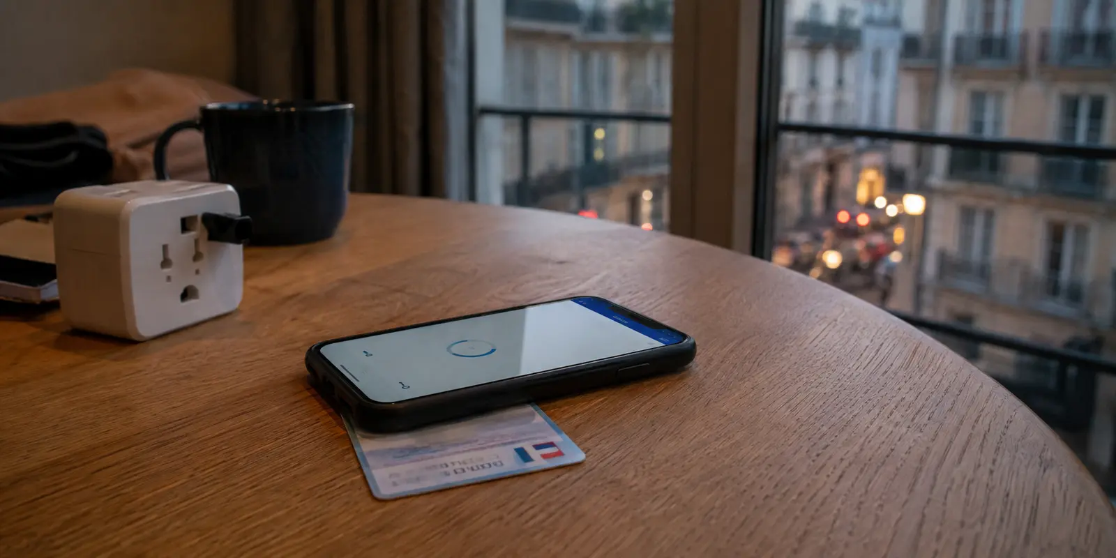 Un téléphone posé contre une carte d’identité française affiche une étape de chargement dans un logement à l’étranger
