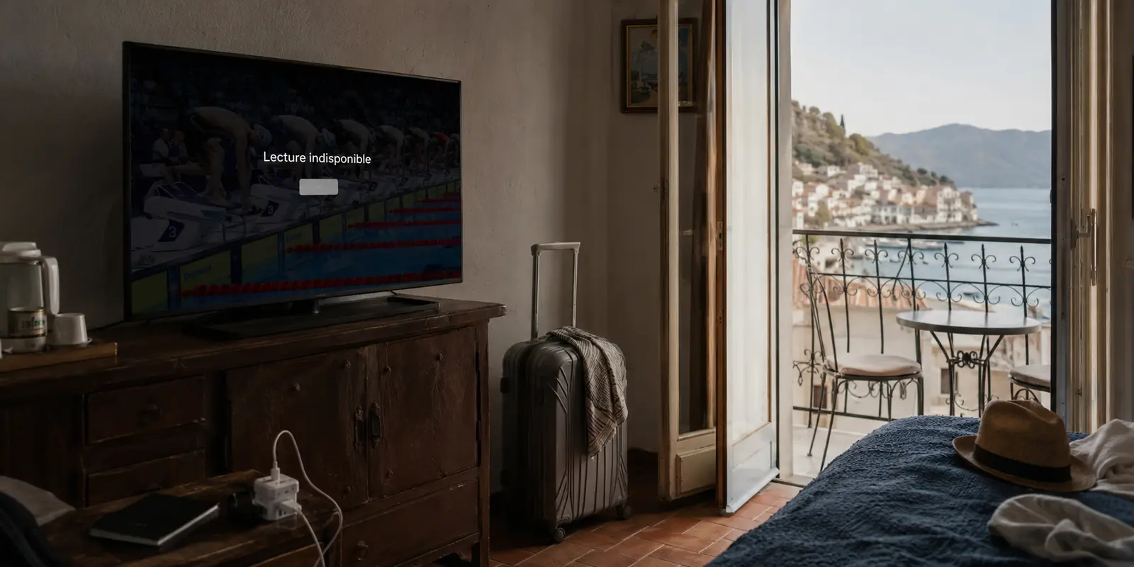 Télévision d’un logement de voyage affichant Lecture indisponible pendant une compétition de natation