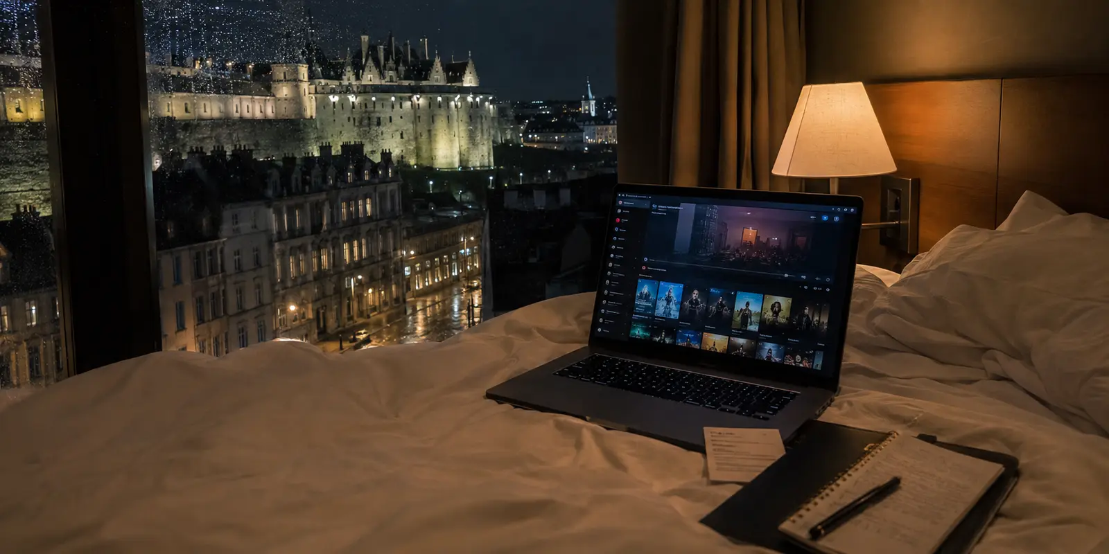 Ordinateur dans une chambre d’hôtel à Nantes, où le replay reste bloqué malgré une sortie VPN française