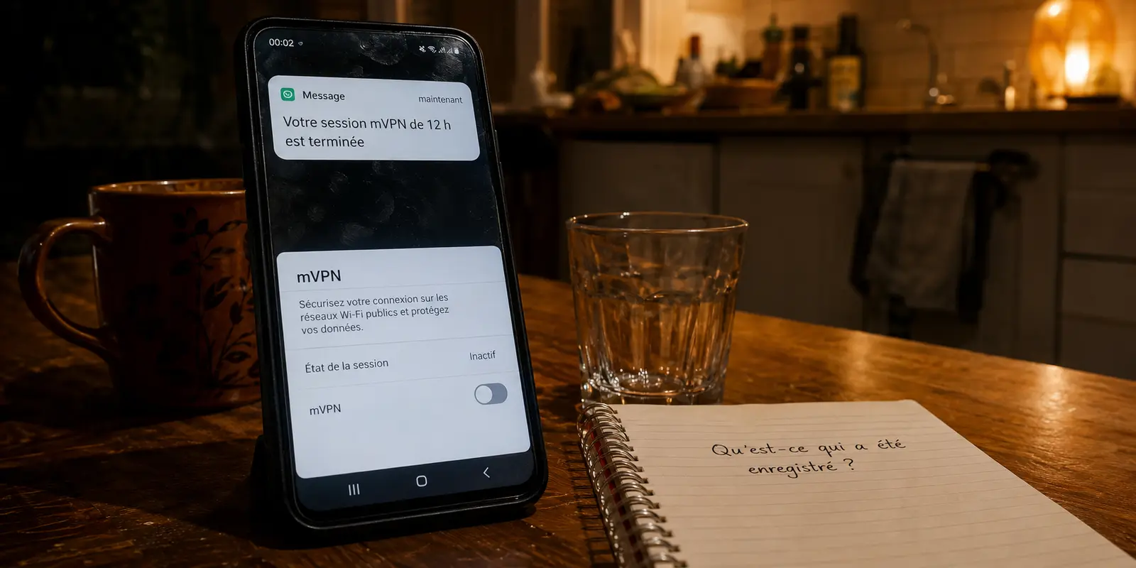 Un téléphone annonce la fin d’une session mVPN de douze heures à côté d’une question sur les données enregistrées.