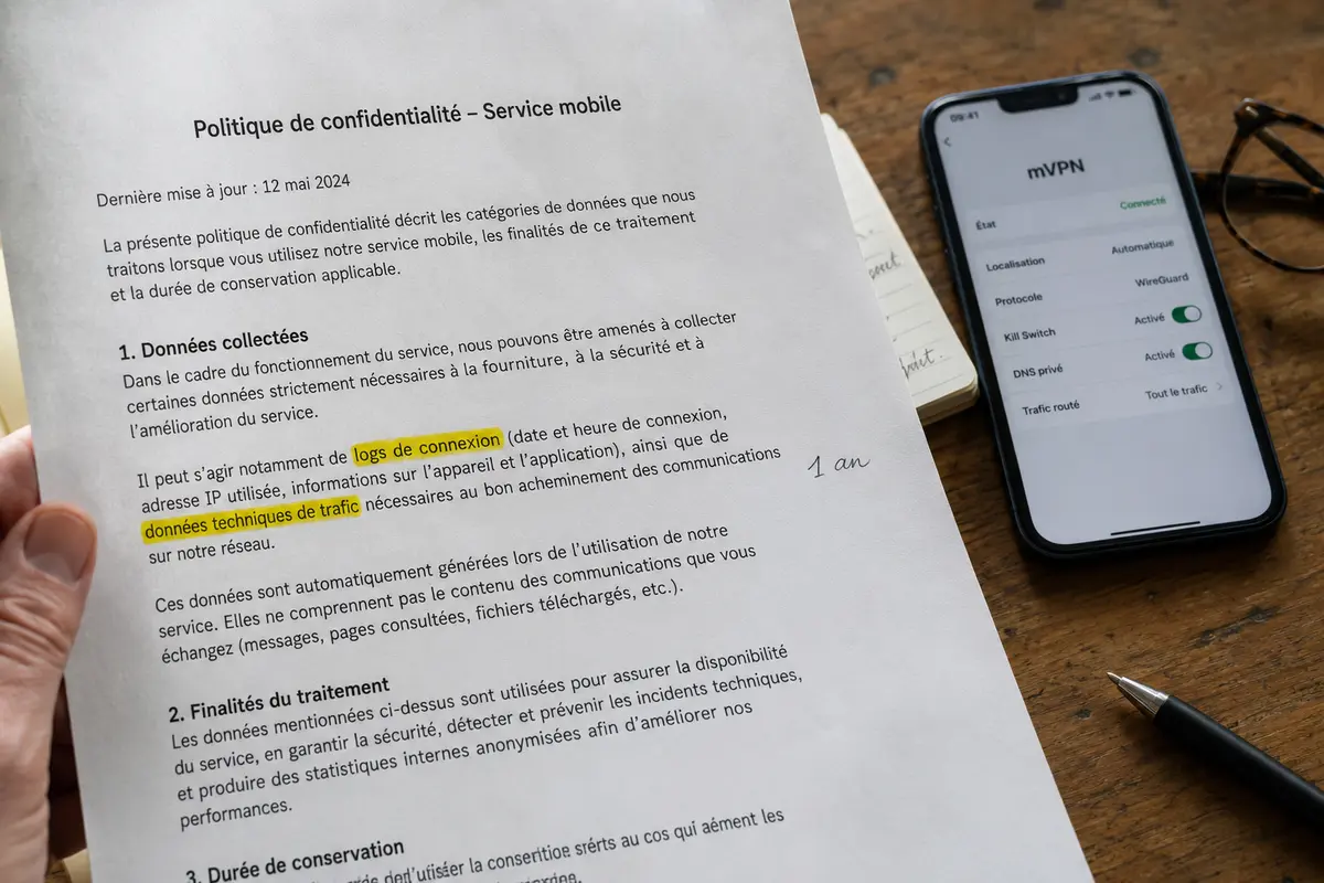 Une politique de confidentialité imprimée met en évidence les logs de connexion et les données techniques de trafic.