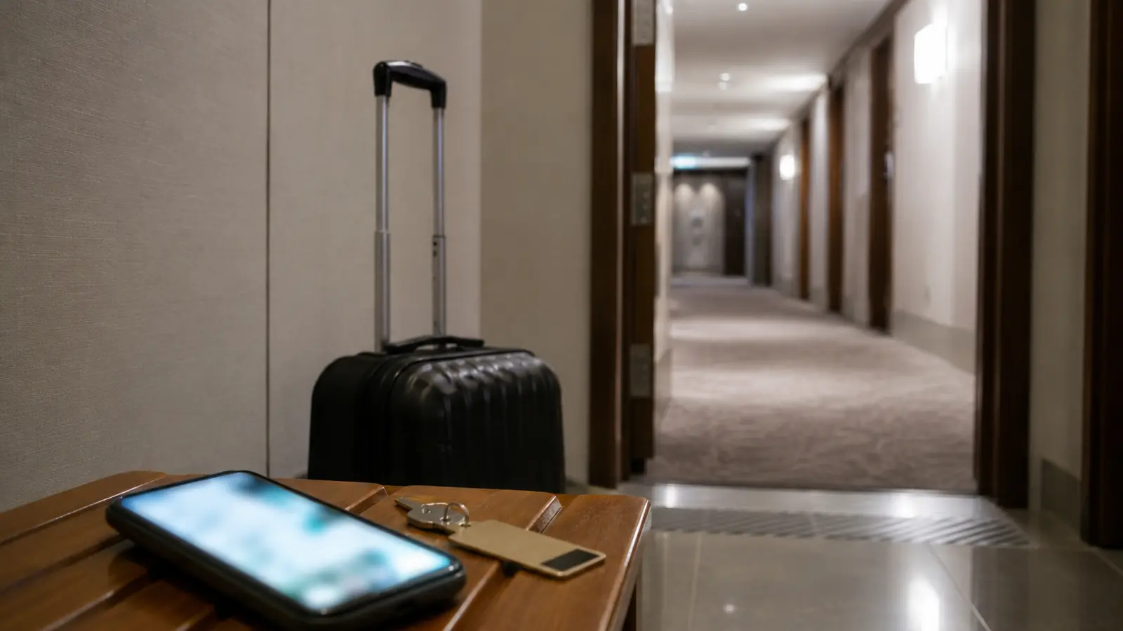 Téléphone affichant un état de connexion VPN dans une chambre d’hôtel