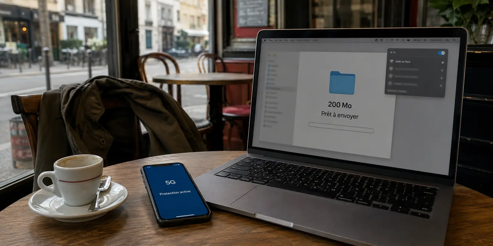 Dans un café, le téléphone est protégé en 5G tandis que le dossier attend sur l’ordinateur connecté au Wi-Fi.