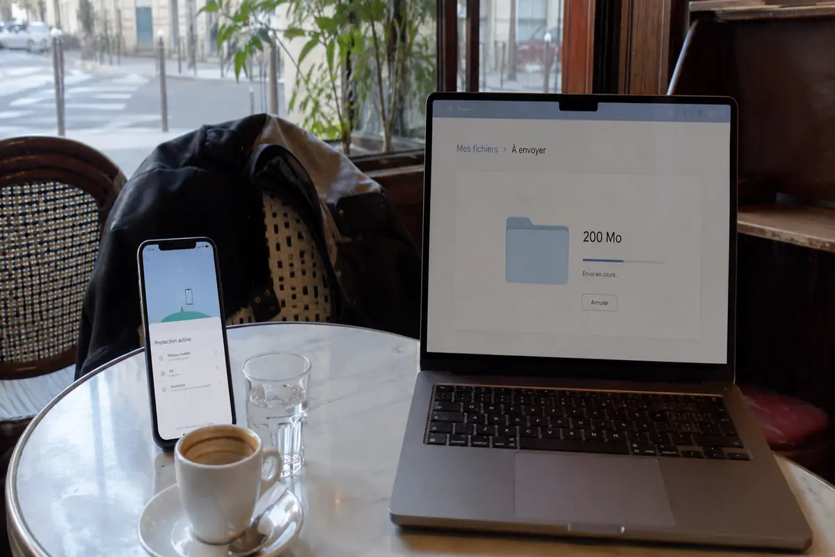 Le dossier de 200 Mo est envoyé depuis l’ordinateur sur le Wi-Fi du café.