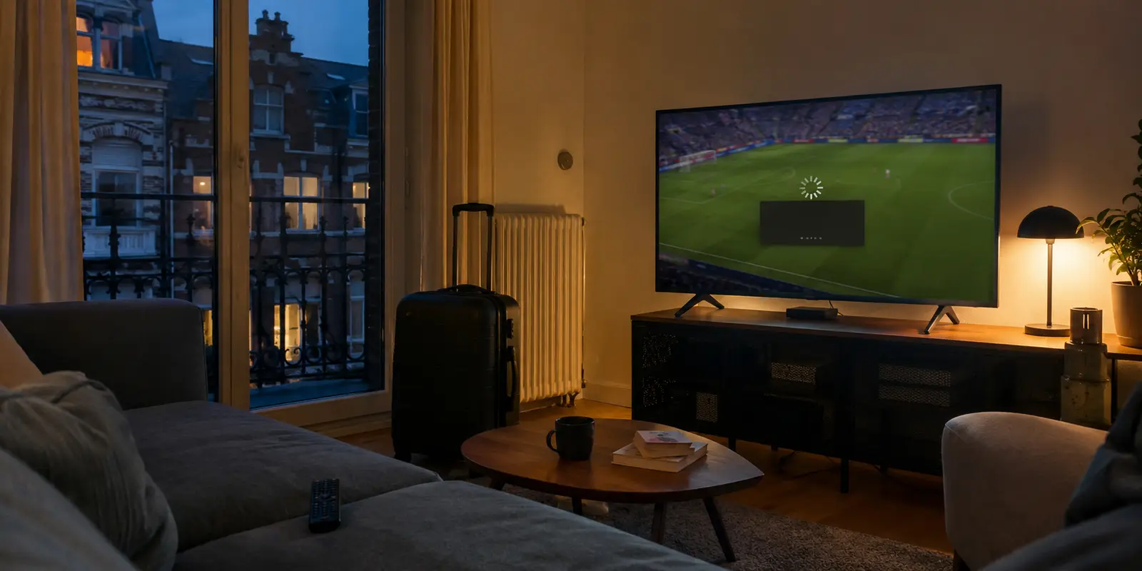 Dans un appartement à Bruxelles, un match reste bloqué sur l’écran du téléviseur malgré une sortie VPN française.