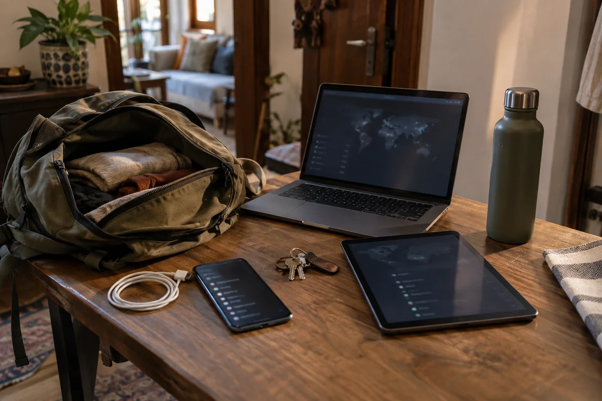 A laptop, tablet, and phone being packed together for a trip
