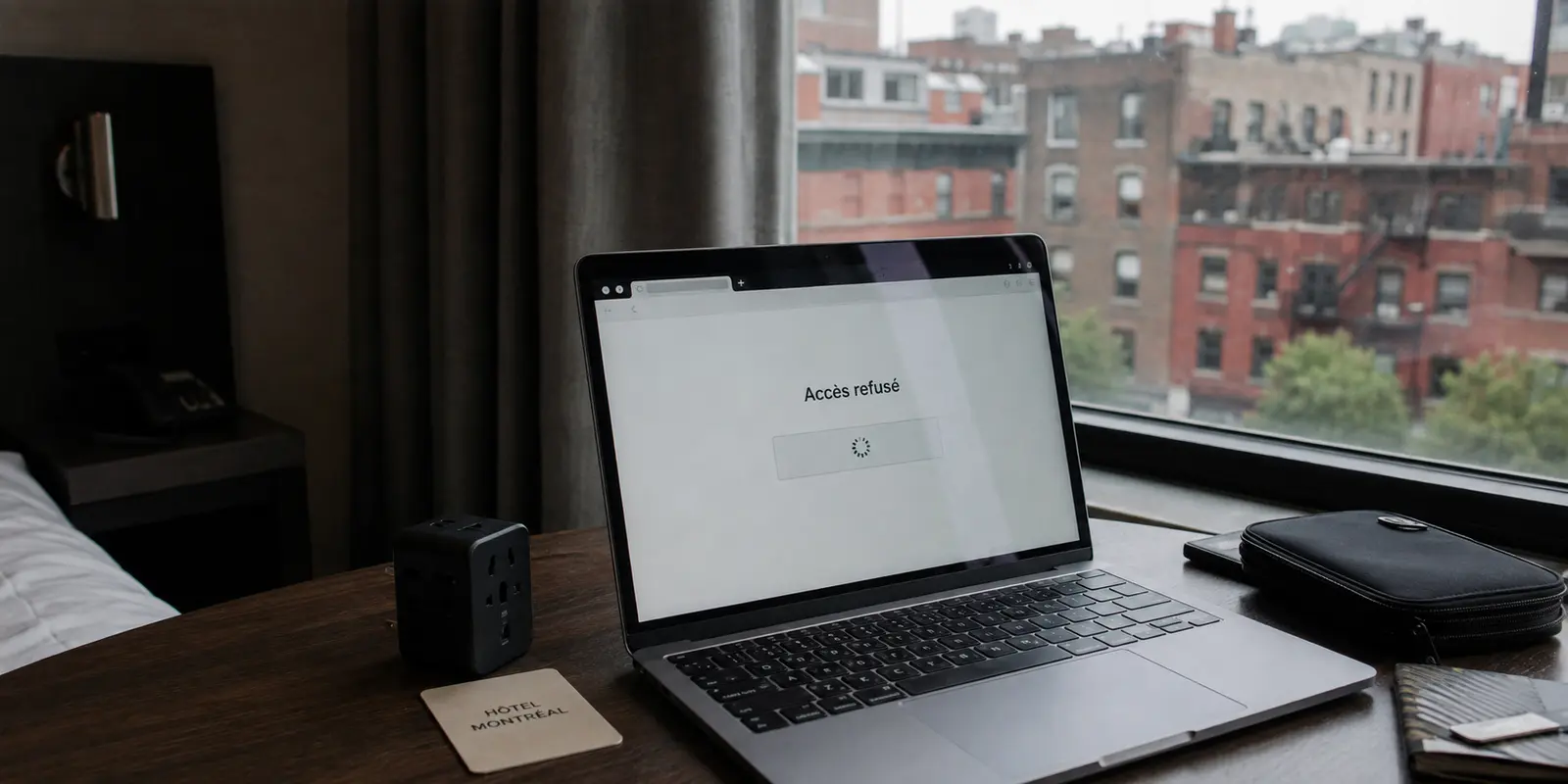 Ordinateur portable affichant un accès refusé dans une chambre d’hôtel à Montréal