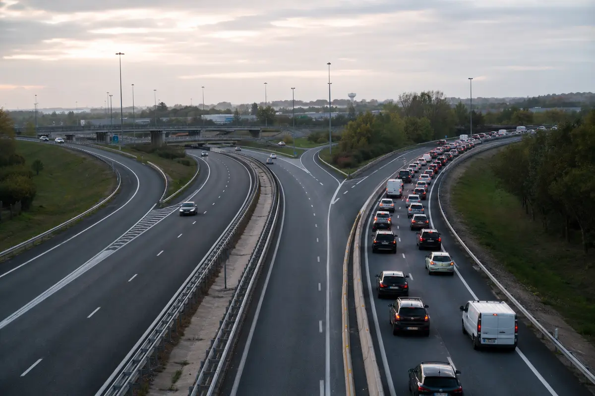 Échangeur autoroutier français où plusieurs itinéraires connaissent des conditions très différentes