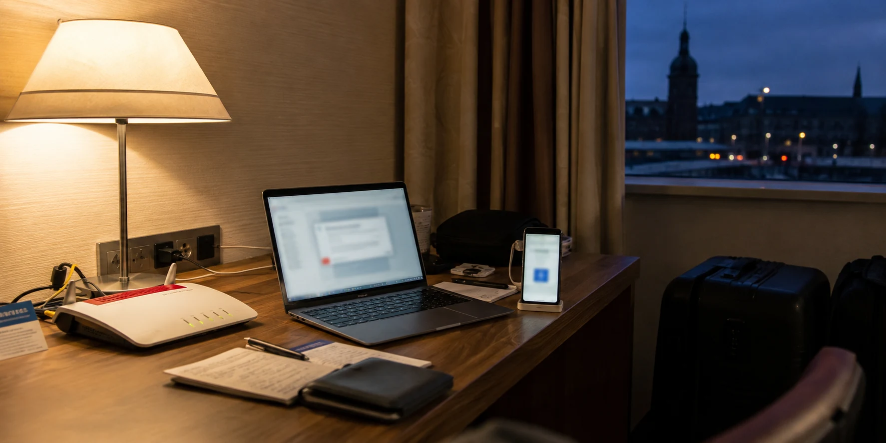 Hotelzimmer mit Laptop und Router bei einer fehlgeschlagenen VPN-Verbindung
