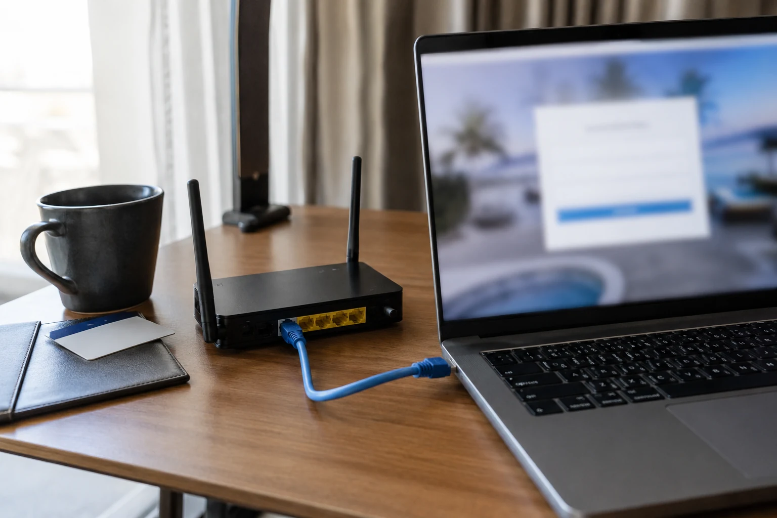 Laptop und Hotel-WLAN-Zugang neben einem Router