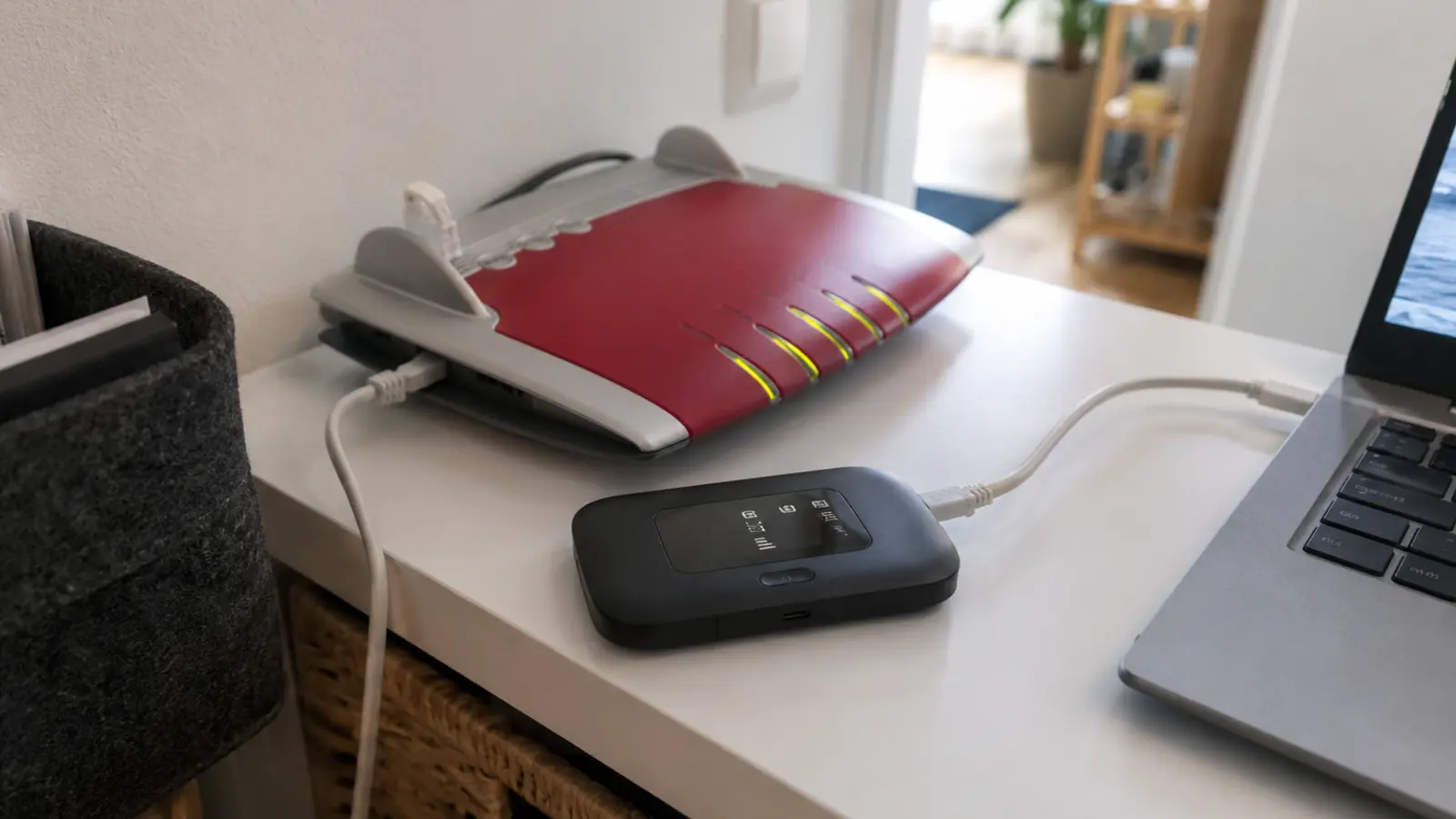 FRITZ!Box, HomeSpot und Notebook in einer häuslichen Netzwerkszene