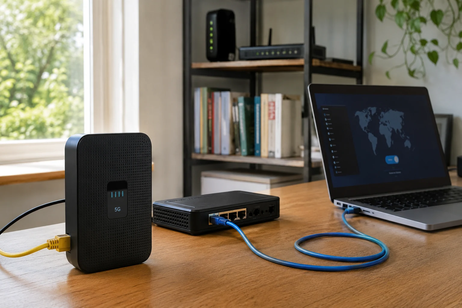 5G-Modem, Ethernetkabel und Notebook in einem Heimarbeitsplatz