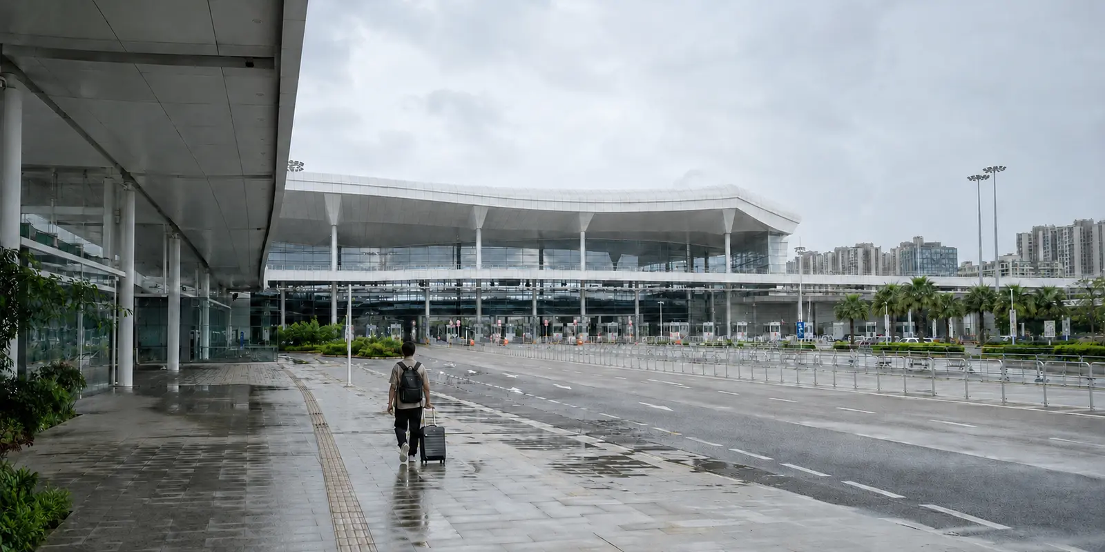 Um viajante aproxima-se do posto fronteiriço de Hengqin depois da chuva