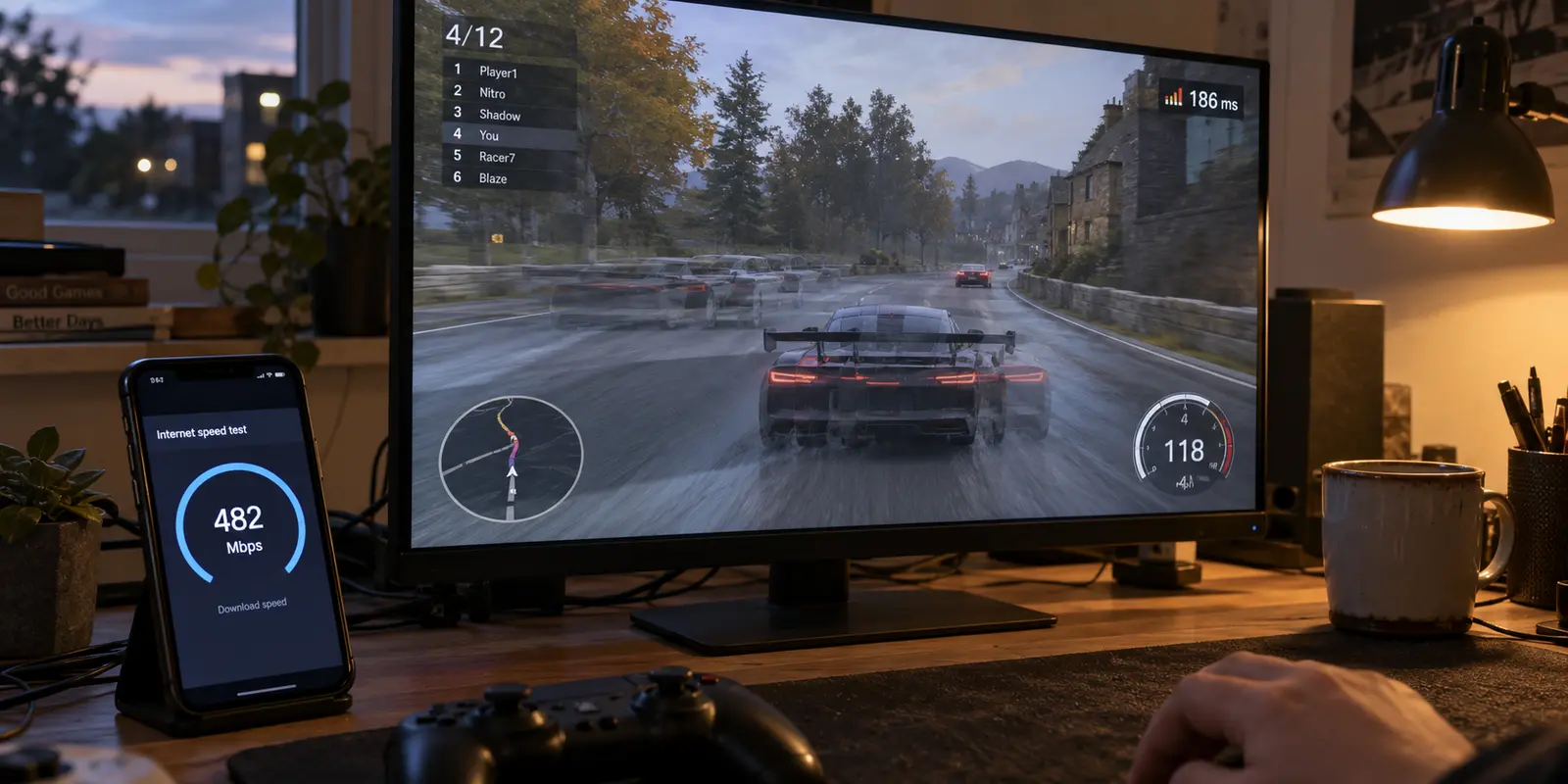 An online racing game lagging despite a 482 Mbps speed test