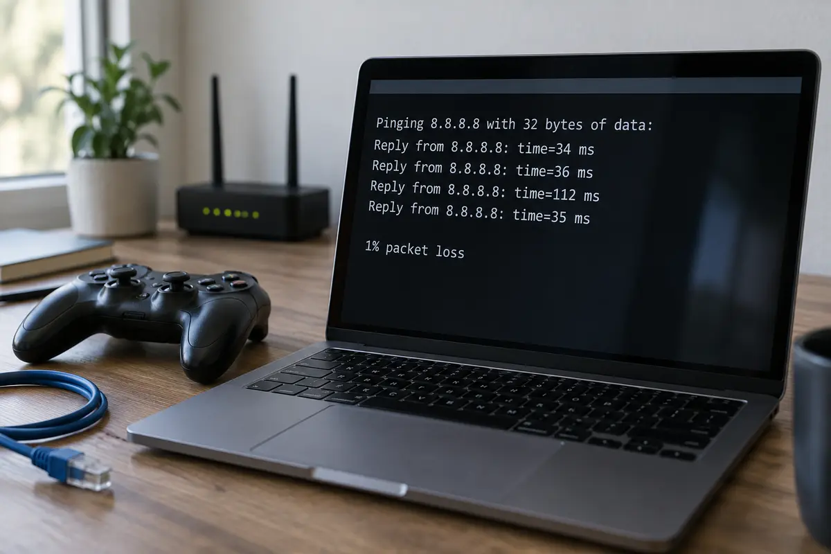 A ping test showing a latency spike and packet loss beside a game controller