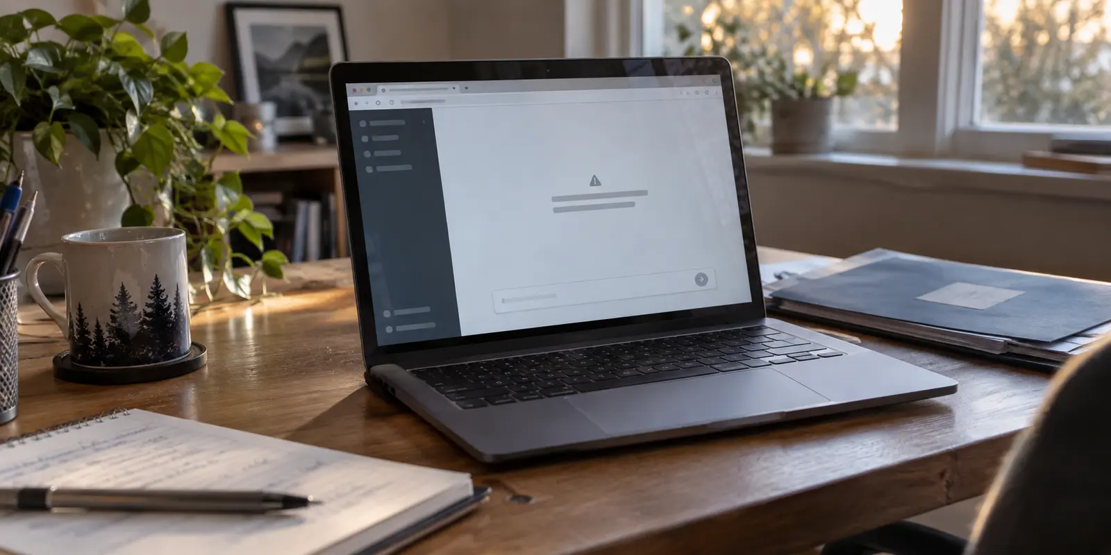 An AI chat page showing a small error state on a home-office laptop