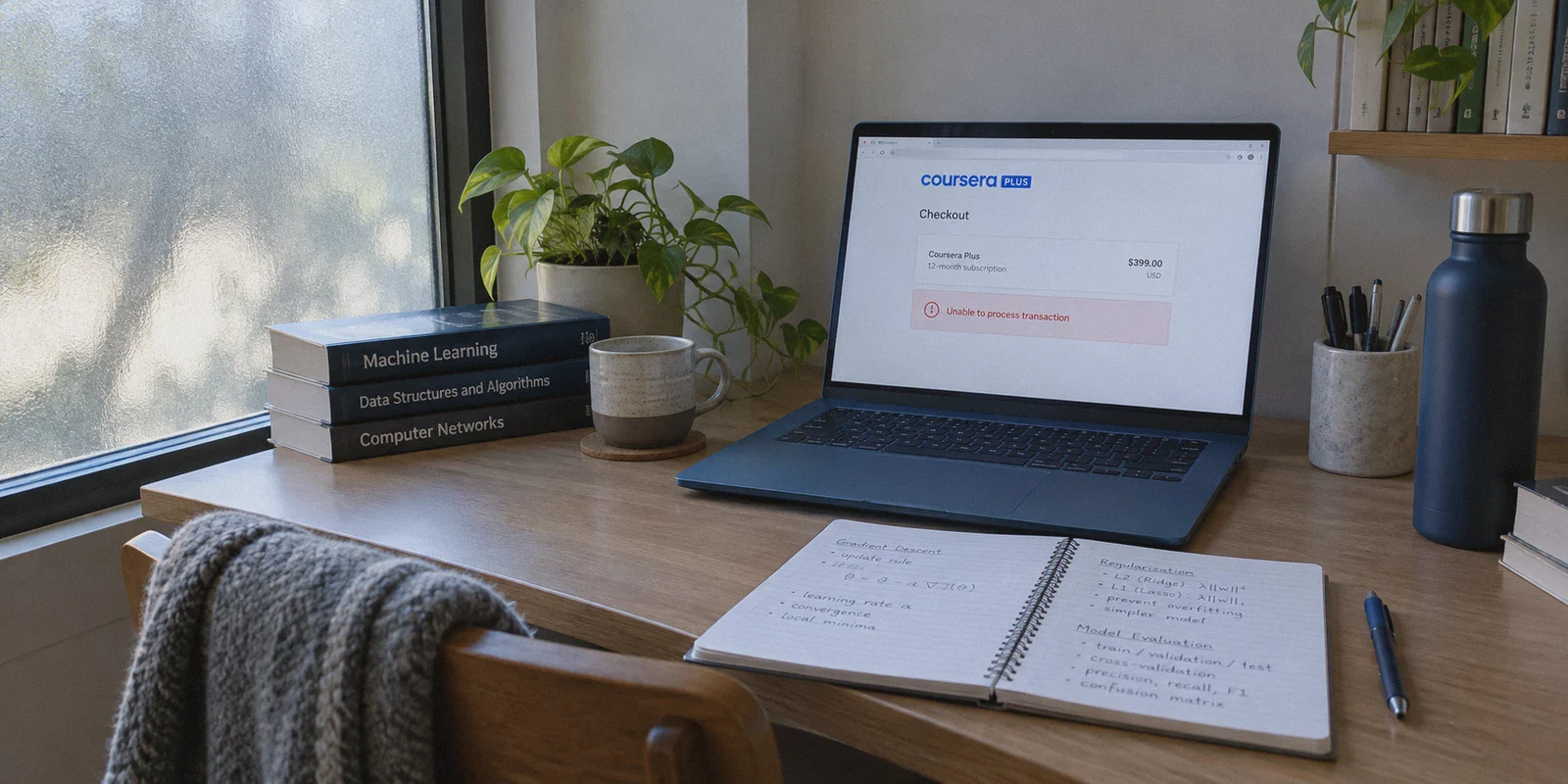 Online course subscription checkout in a quiet study alcove.