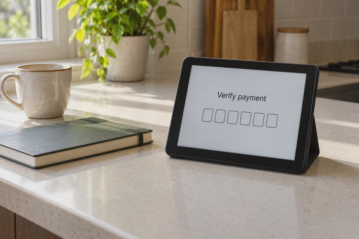 Payment verification screen beside a course notebook.