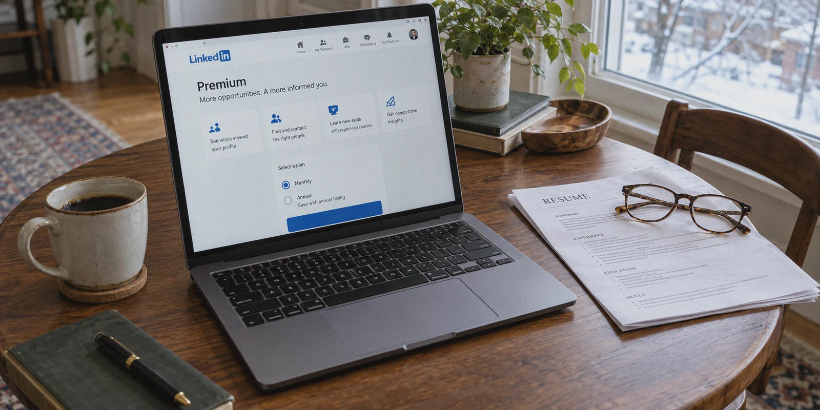 LinkedIn Premium membership page beside a printed resume.