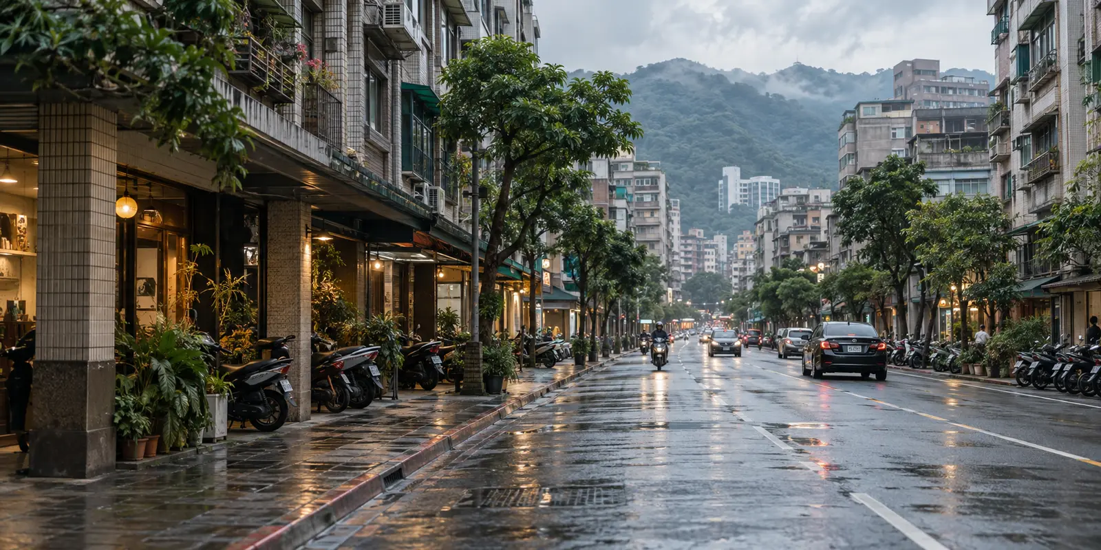 A rain-washed residential avenue in Taipei with scooters and green hills