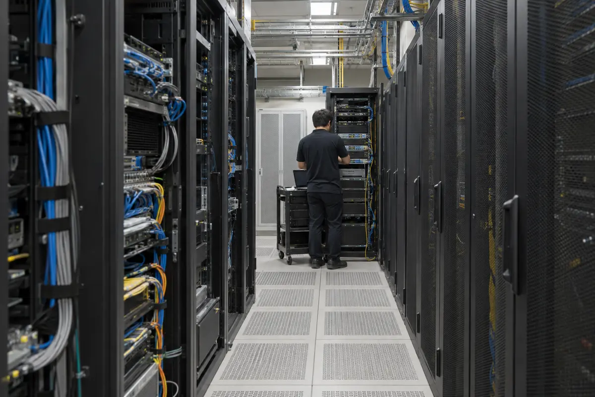 A technician working in a commercial server aisle