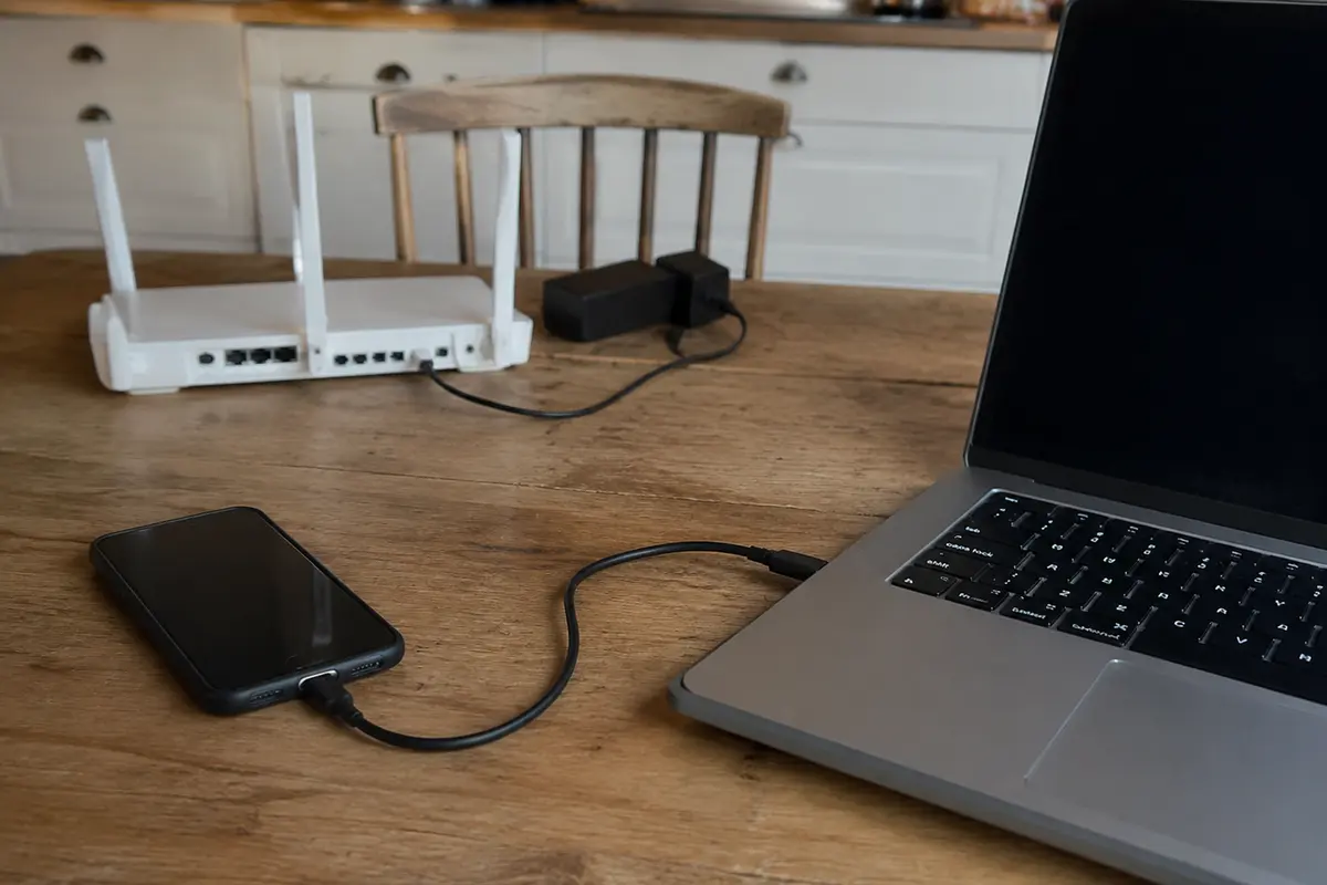 Router und Notebook in einer realistischen häuslichen Netzwerkumgebung