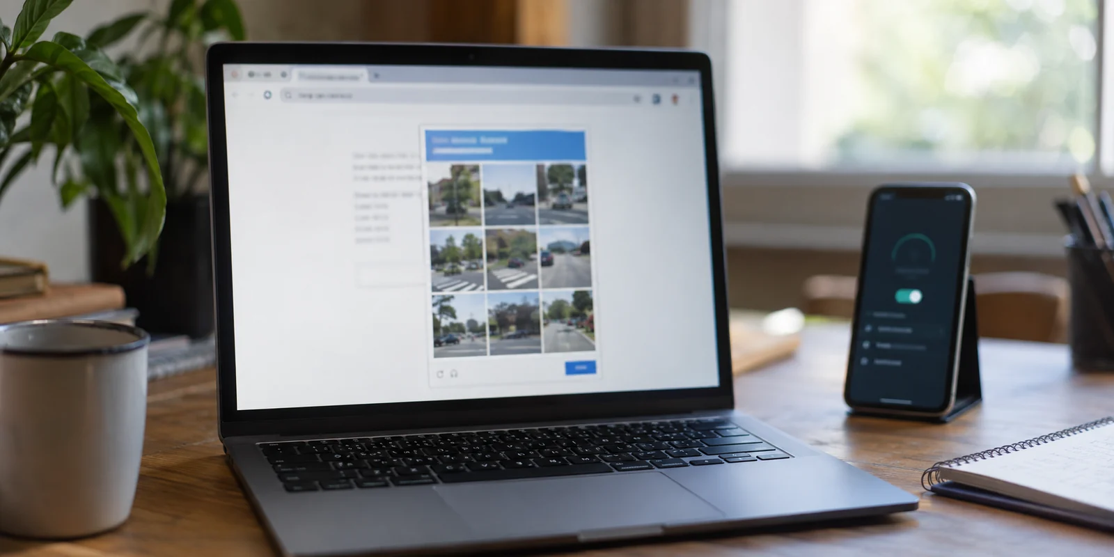 A laptop displays a human-verification challenge while a VPN is connected on a nearby phone