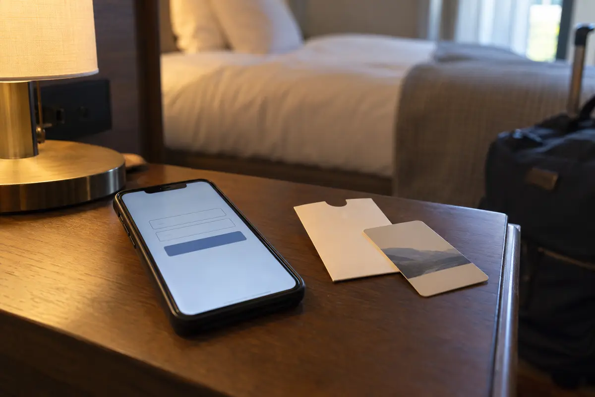 A hotel captive-portal form beside a room key and travel bag