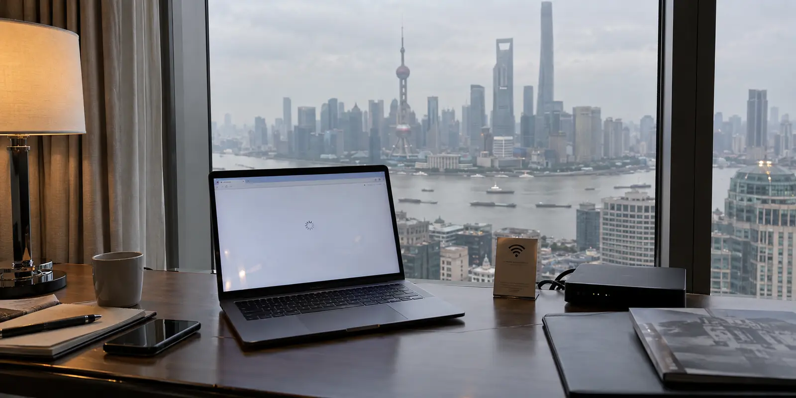 A stalled browser on a hotel desk overlooking central Shanghai