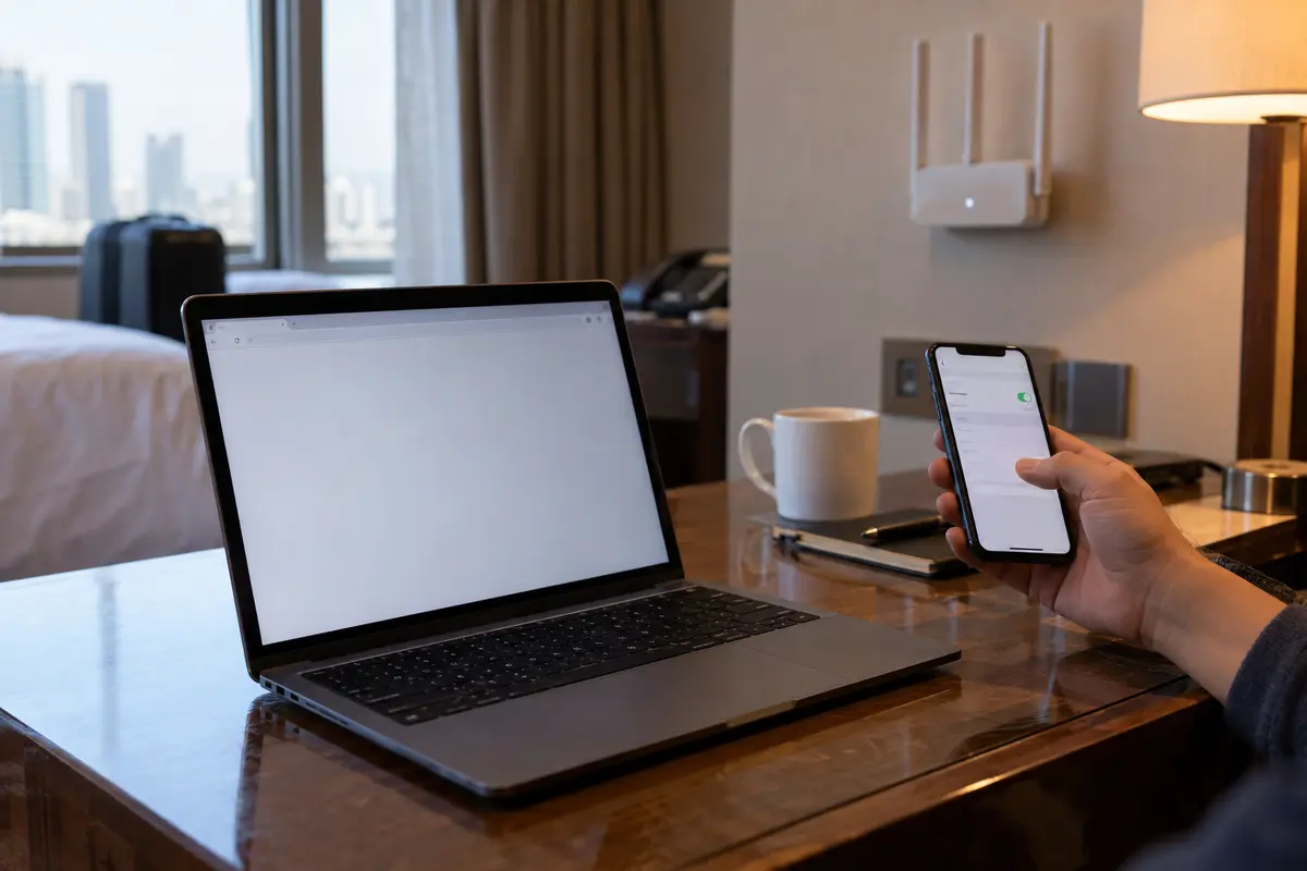A traveler comparing a phone hotspot with hotel Wi-Fi beside a laptop