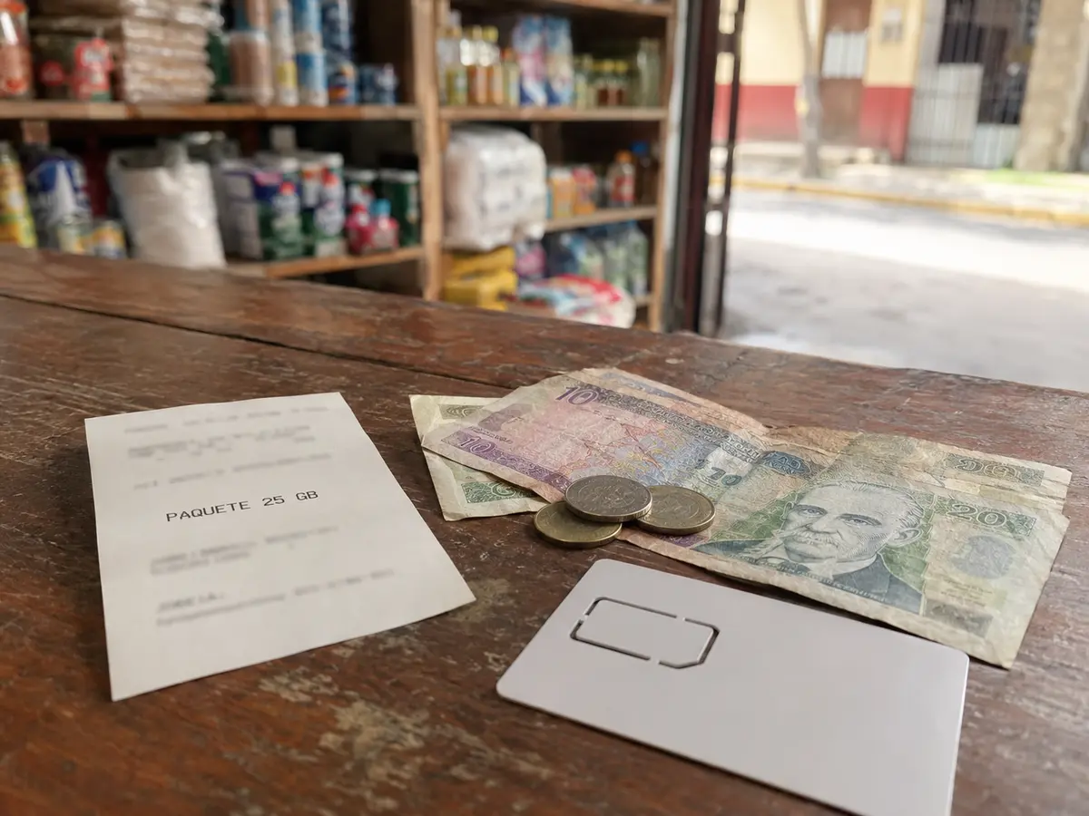 Recibo de un paquete móvil de 25 GB junto a quetzales y una tarjeta SIM en una tienda de Guatemala