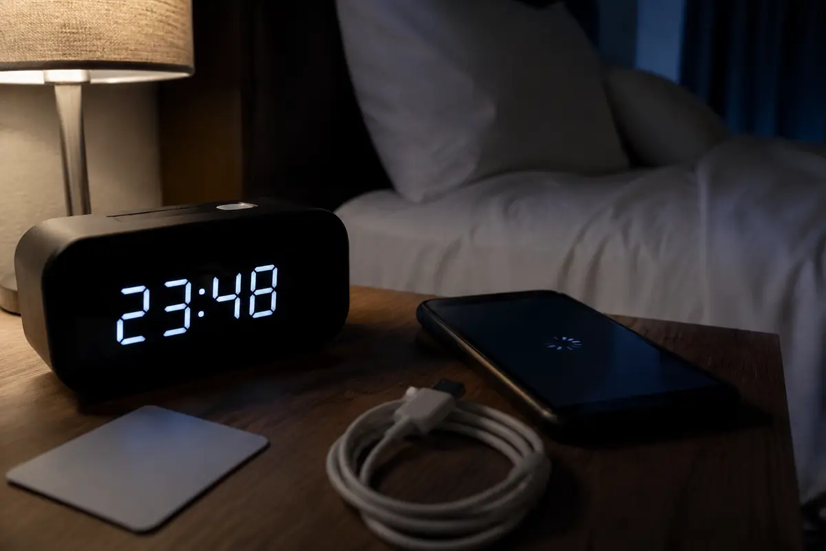 Späte Uhrzeit im Hotelzimmer neben einem Telefon mit noch laufendem VPN-Verbindungsversuch