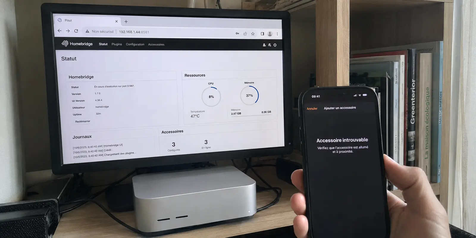 Homebridge est accessible sur l’ordinateur tandis que l’iPhone indique accessoire introuvable